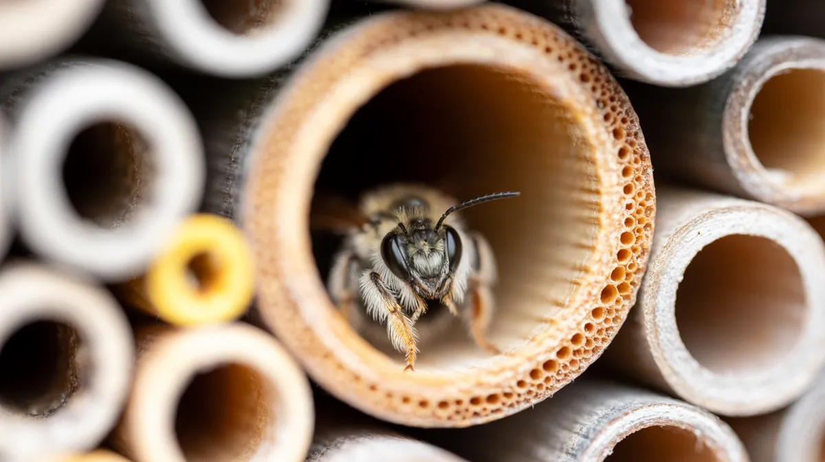 A solitary mason bee at a nest tube