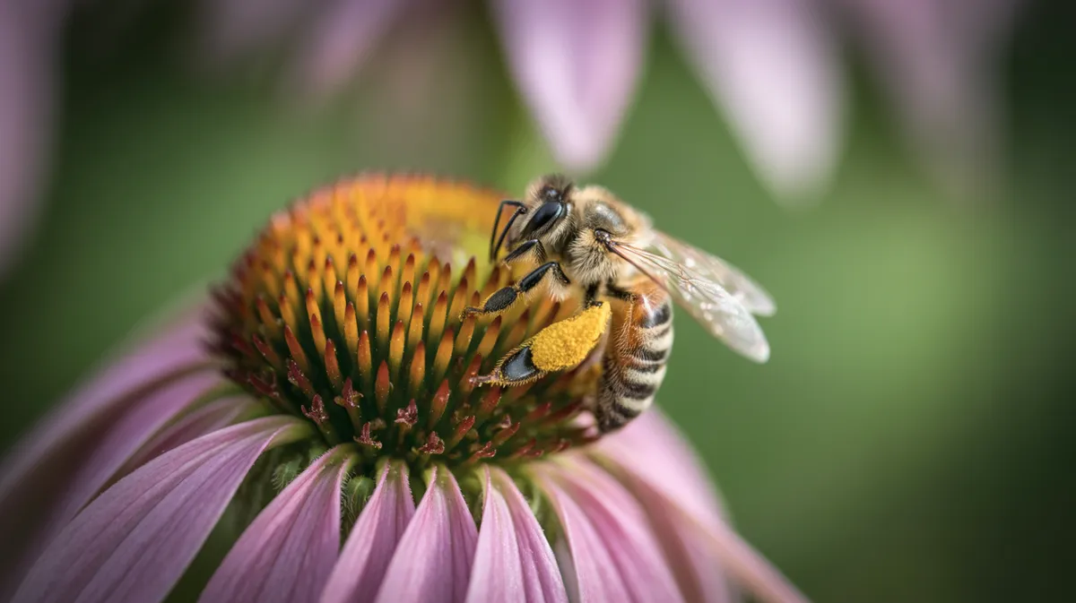 A honeybee calmly foraging on a flower