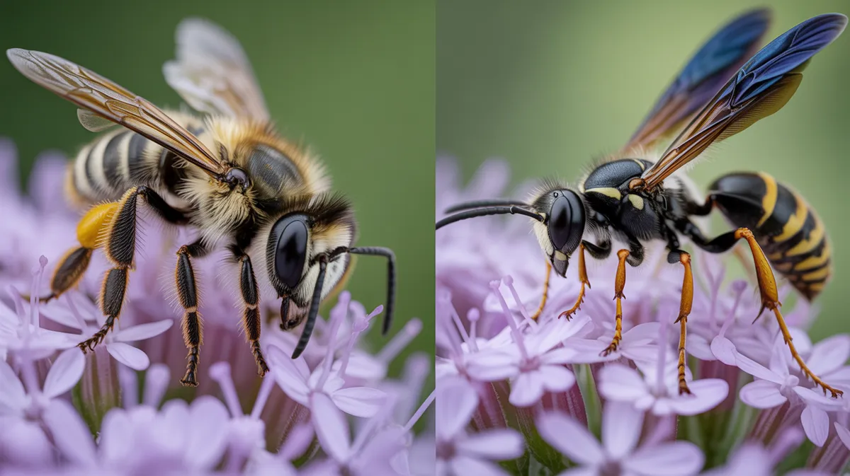 A fuzzy bee beside a sleek wasp