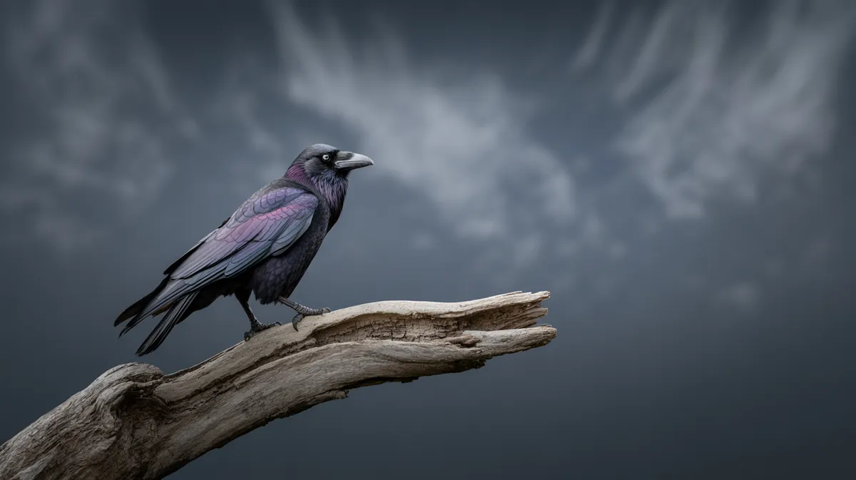A crow on a bare branch in moody light