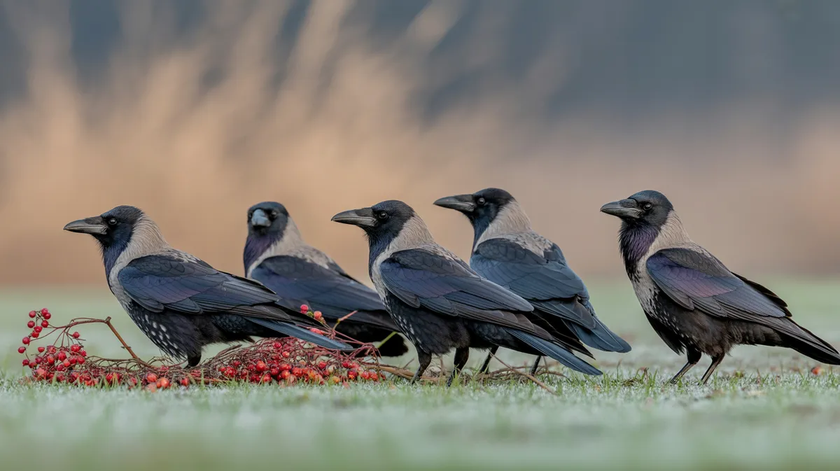 A group of crows gathered on a field
