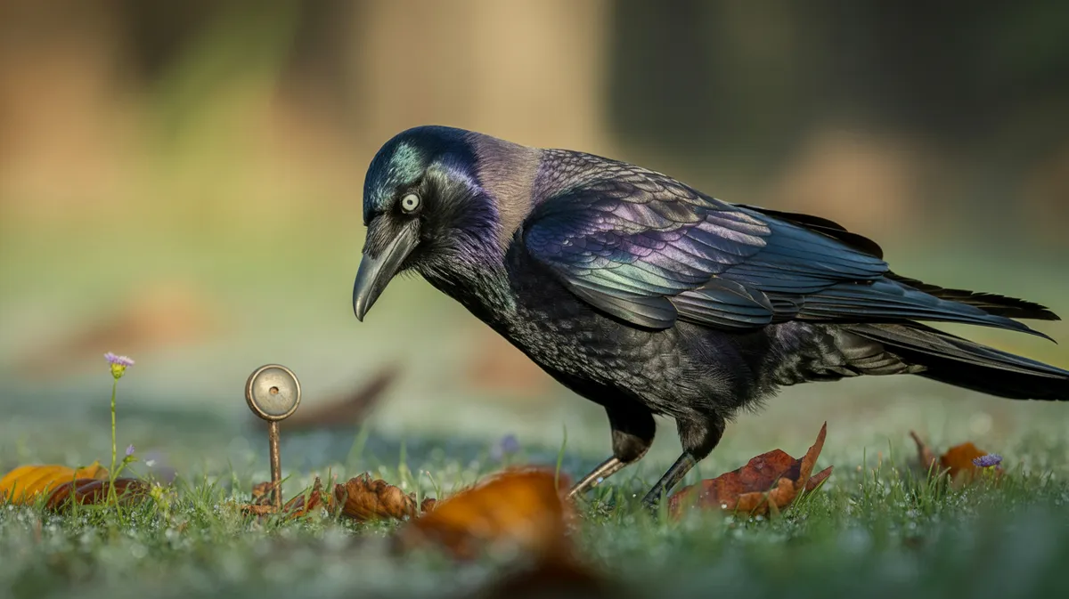 A crow examining a shiny object