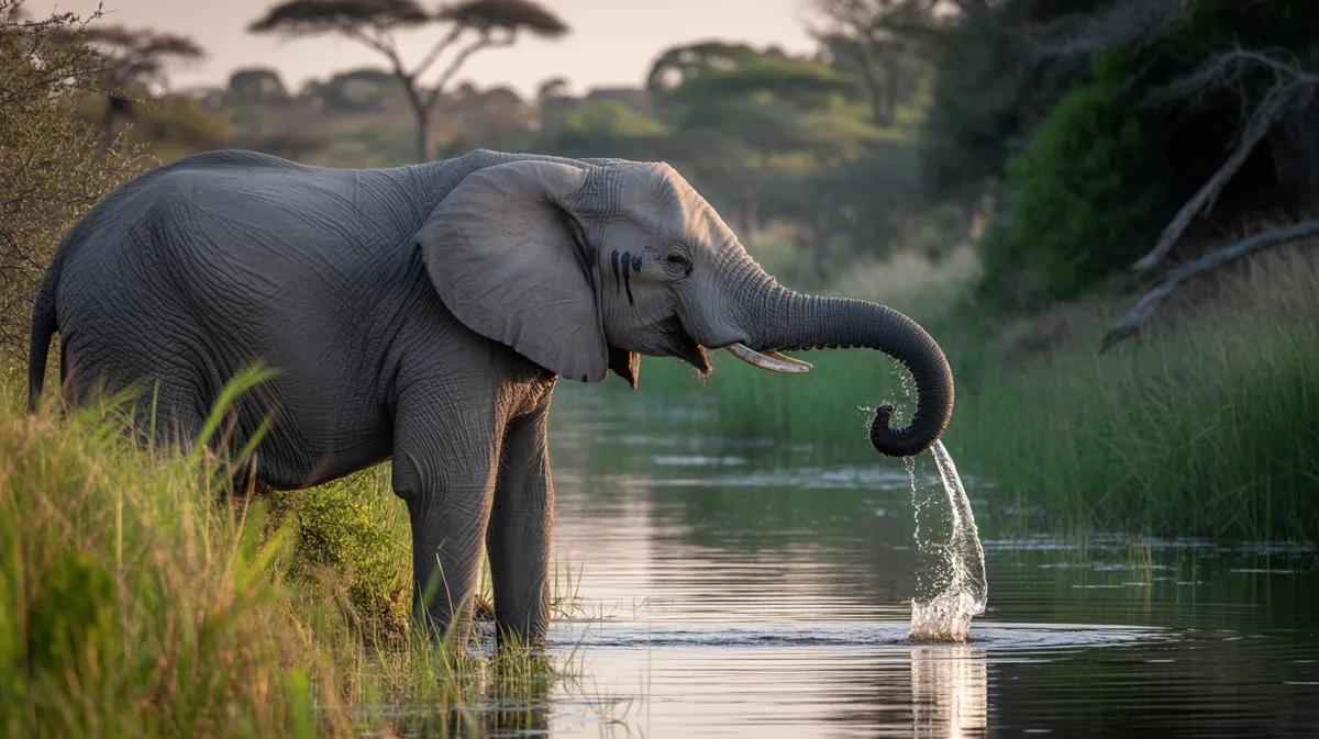 An elephant drinking with its trunk