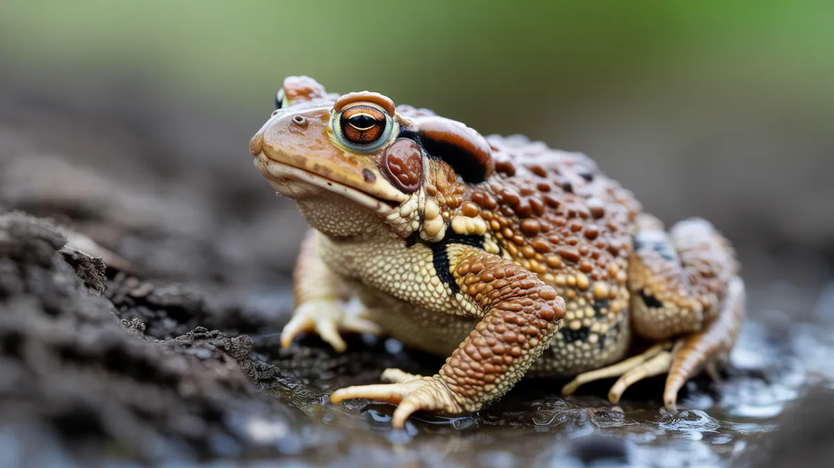 A warty brown toad on soil