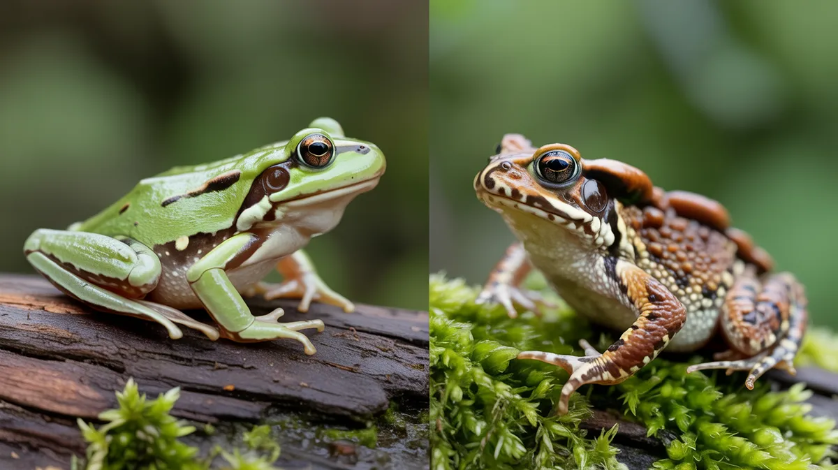 A smooth frog beside a warty toad
