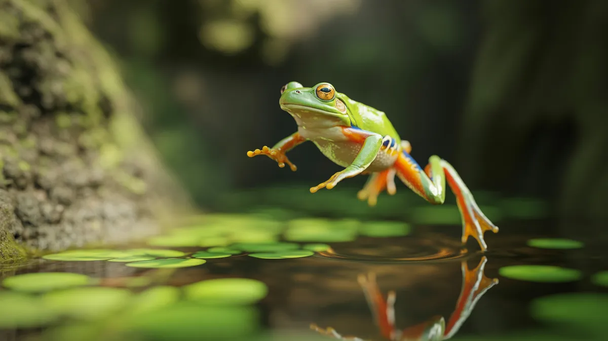 A frog leaping out of water