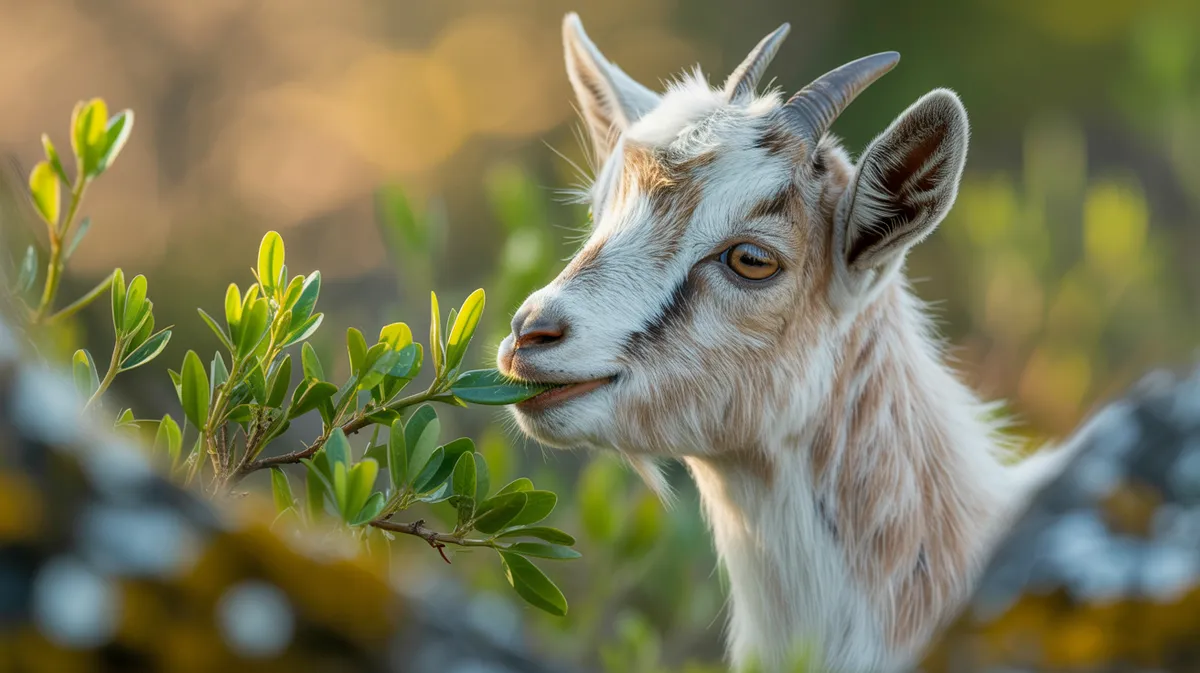 A goat nibbling leaves from a shrub