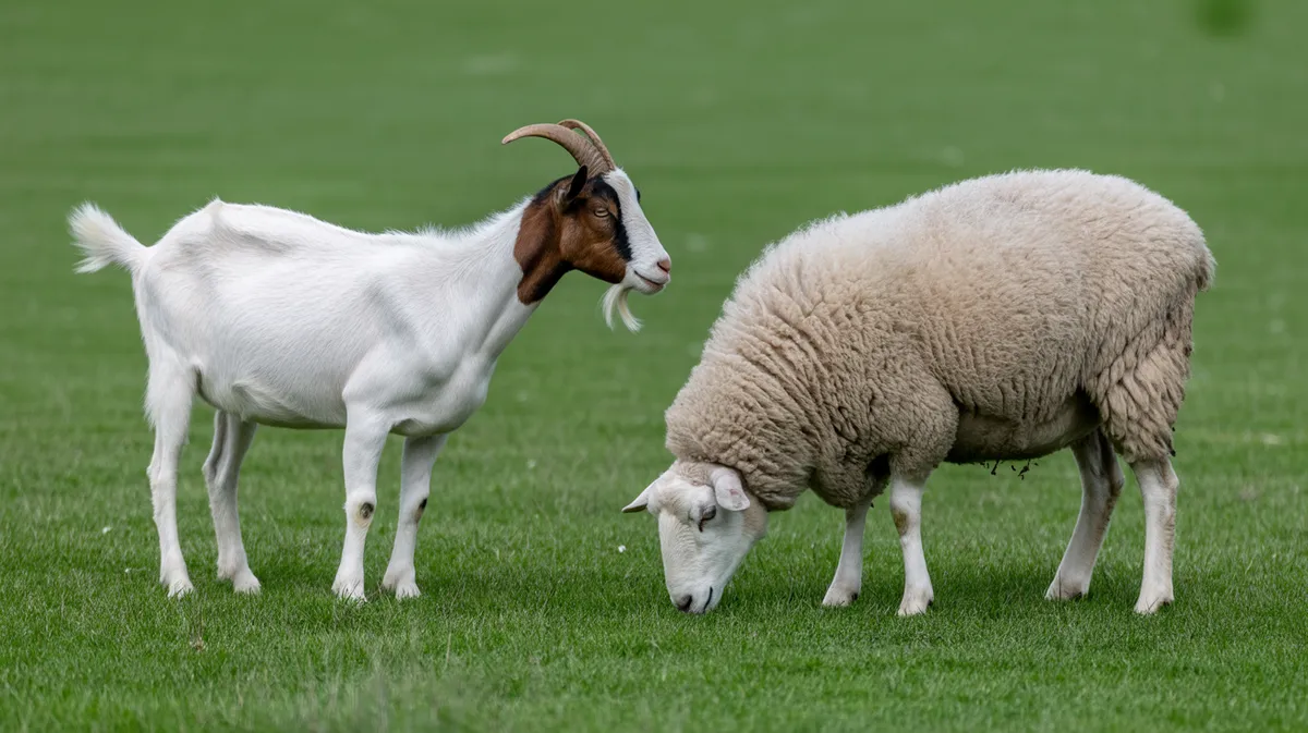 A goat browsing beside a grazing sheep
