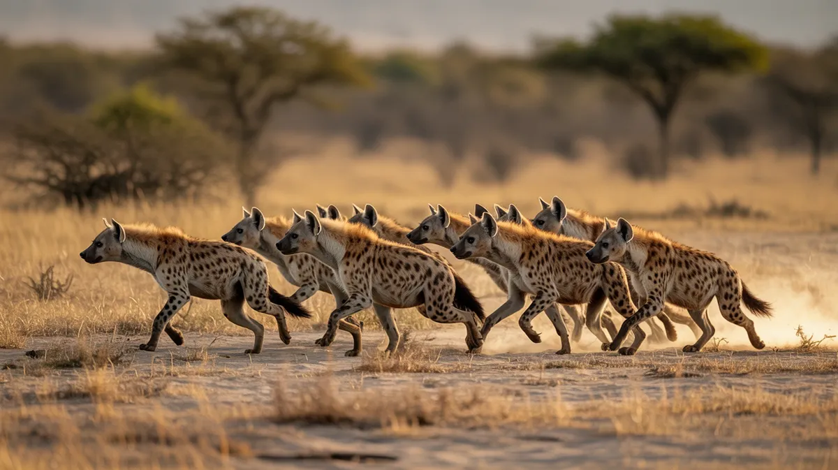 Spotted hyenas running on a hunt