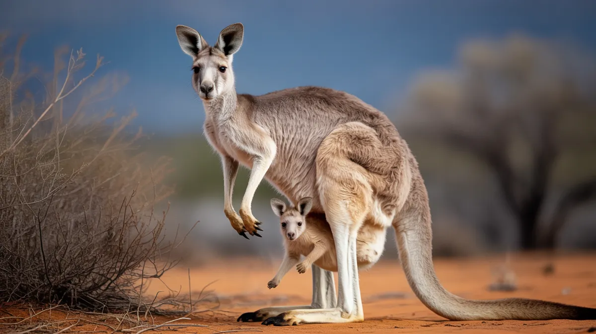 A joey peeking from its mother's pouch