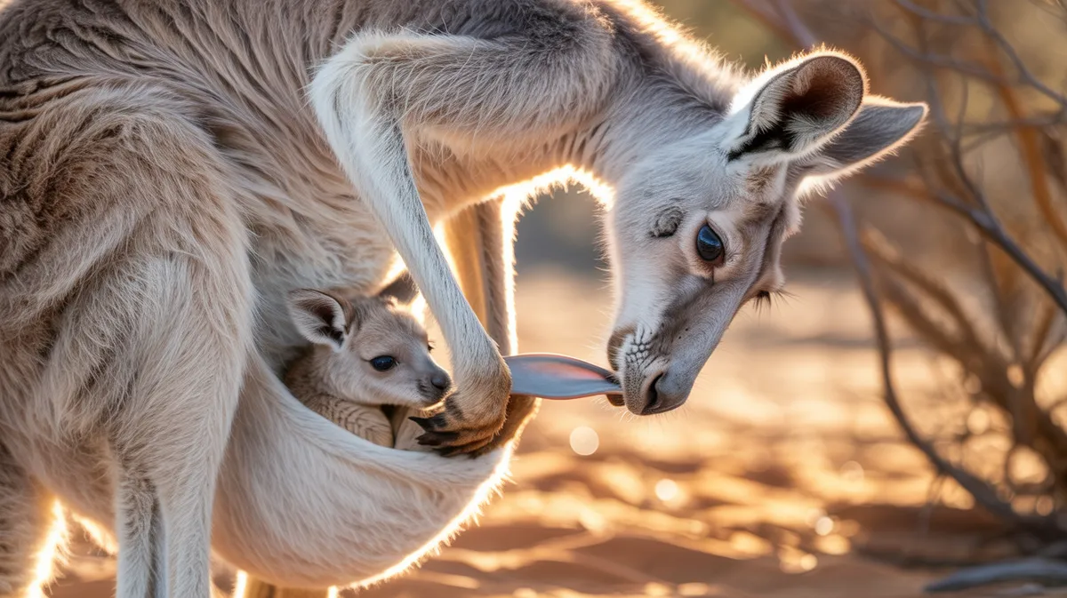 A kangaroo tending her pouch