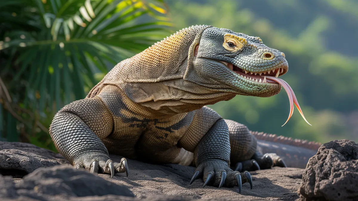 A Komodo dragon with mouth open and tongue out