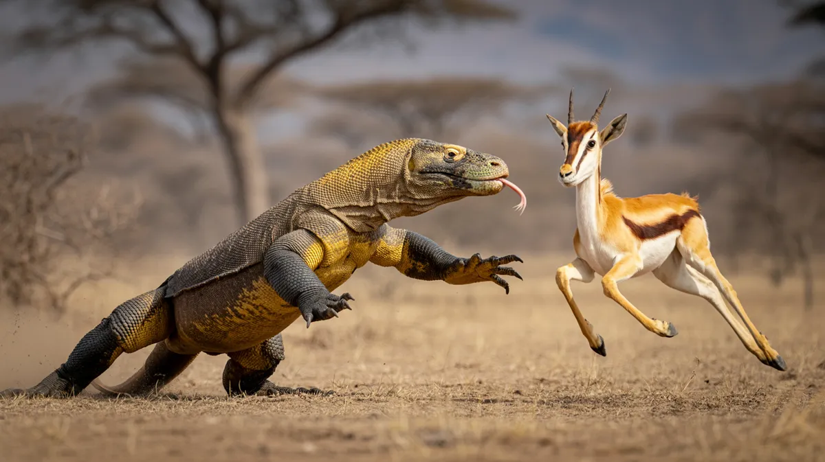 A Komodo dragon lunging at prey