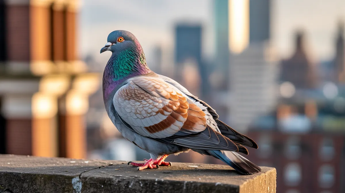 A pigeon perched on a city ledge