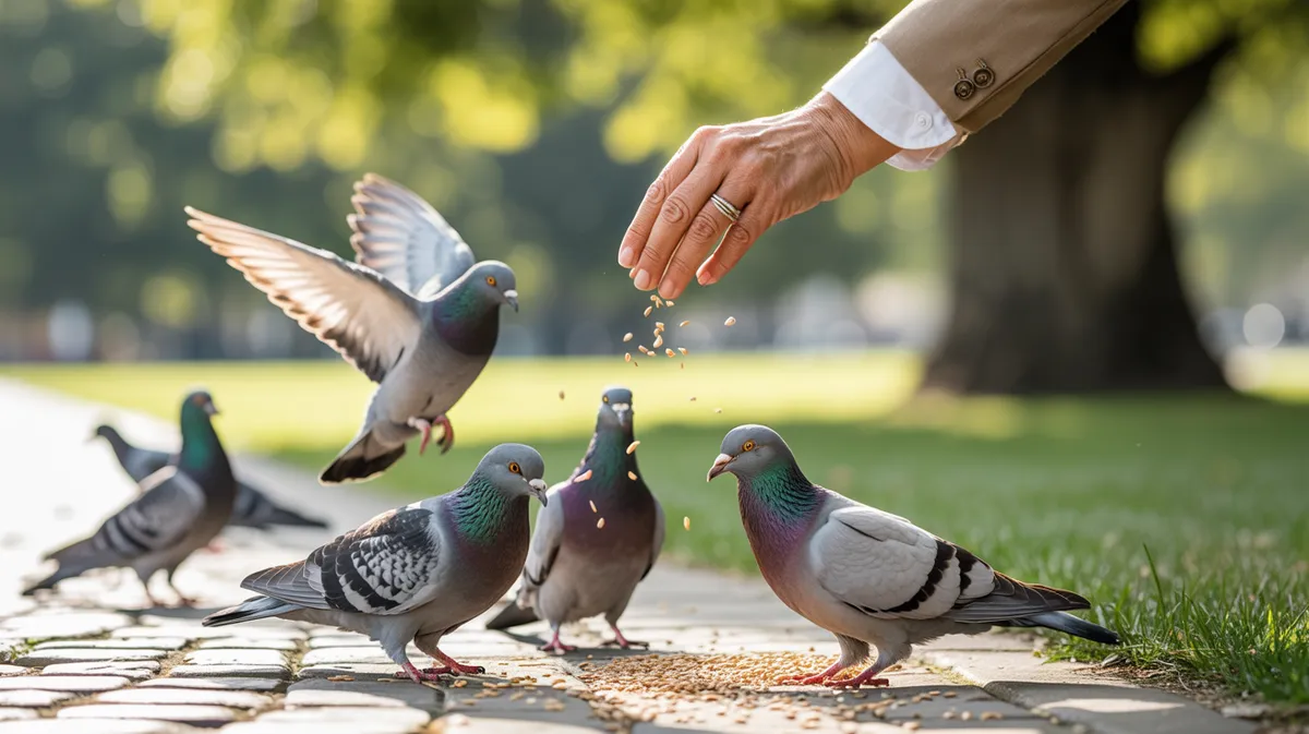 A hand feeding pigeons in a park