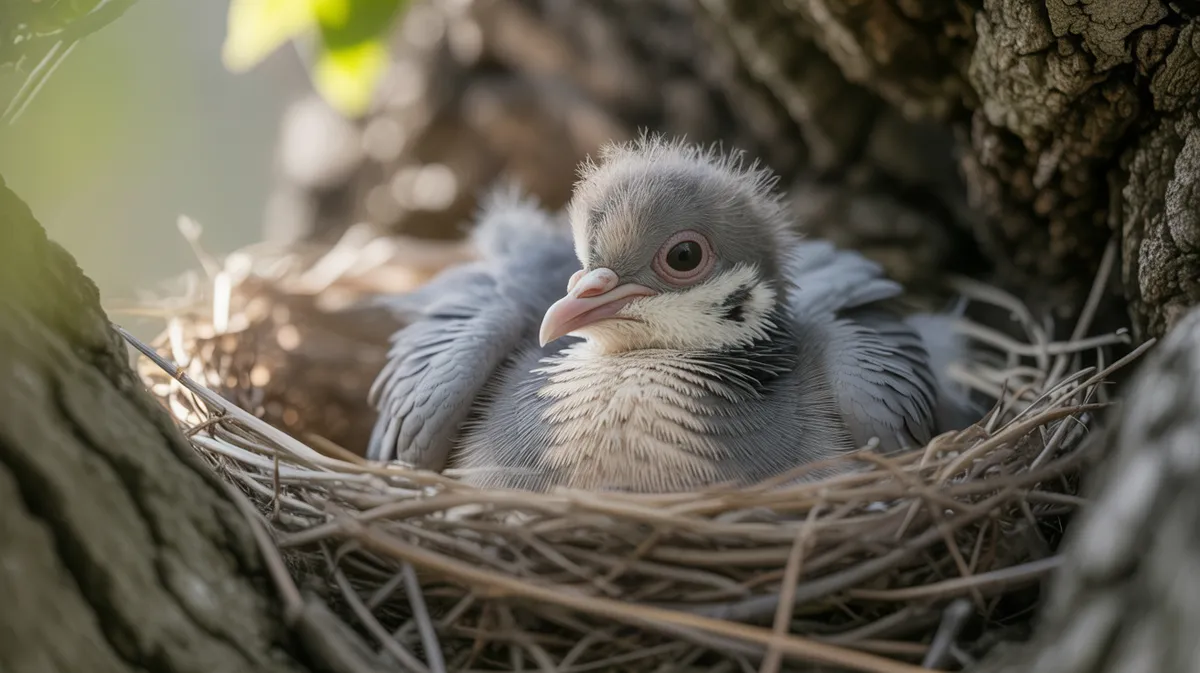 A baby pigeon (squab) in a nest