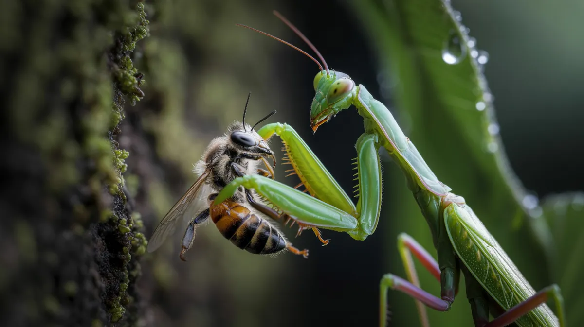 A praying mantis eating prey