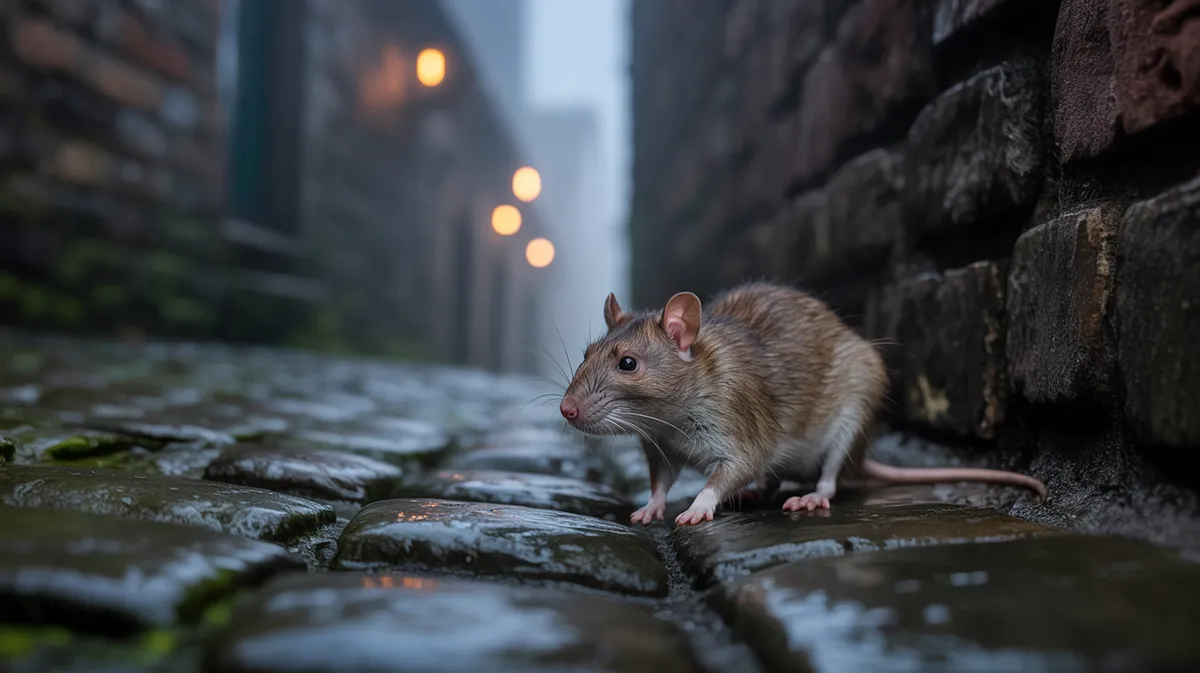 A rat in a dim stone alley