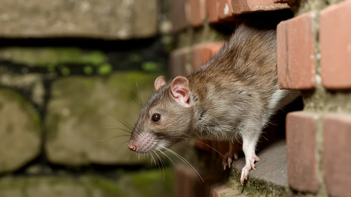 A rat squeezing through a small gap