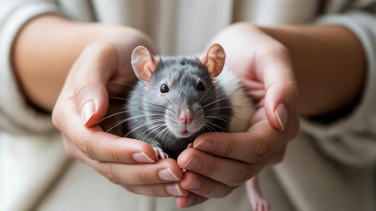 A tame pet rat in cupped hands
