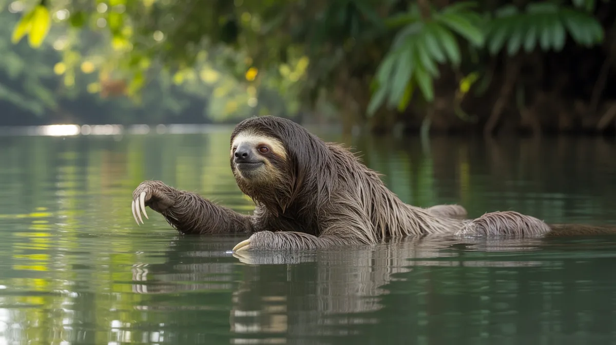 A sloth swimming in a river