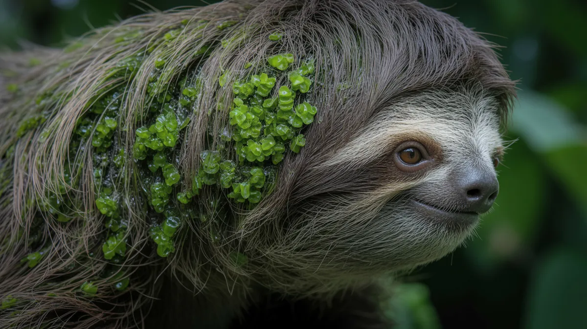 Close-up of greenish algae in sloth fur