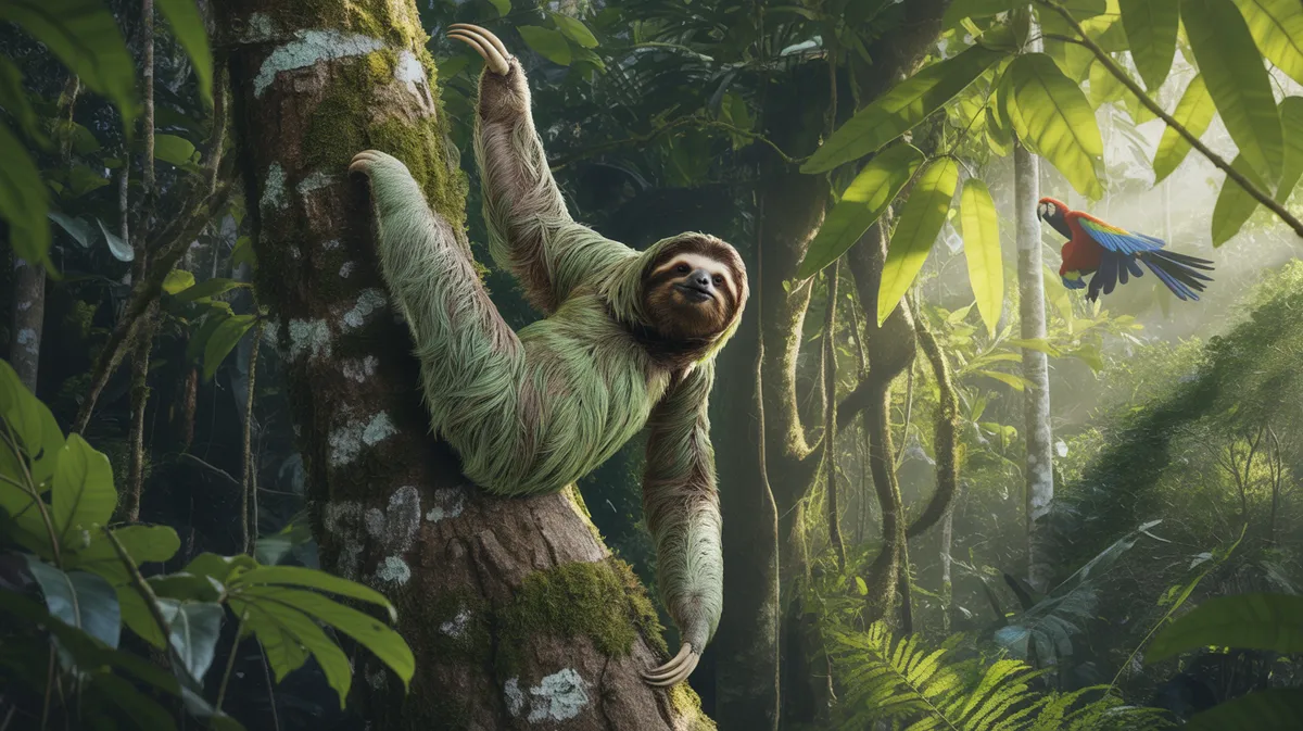 A sloth climbing down a tree trunk