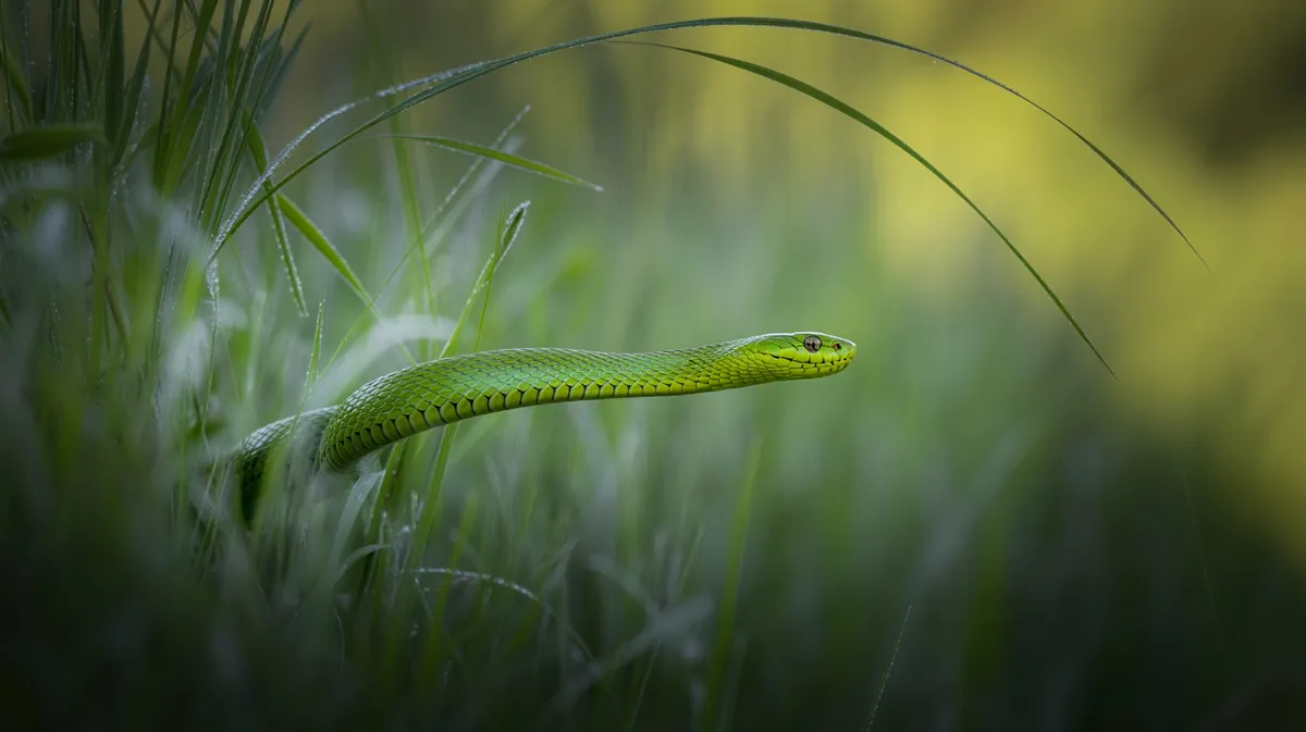 A snake slithering away through grass