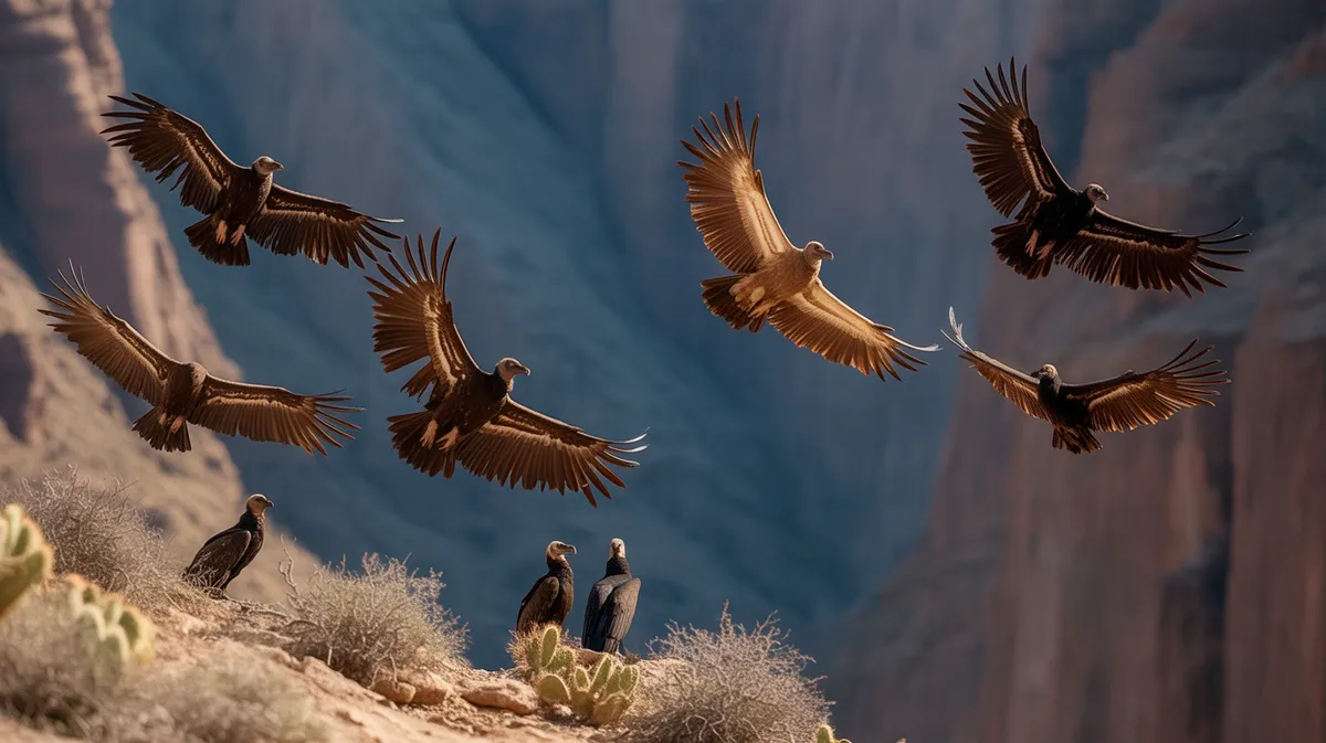Vultures soaring in a spiral