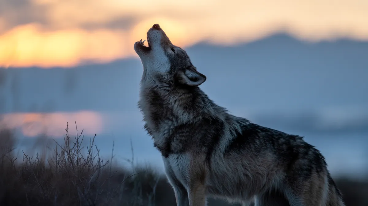 A wolf howling at dusk