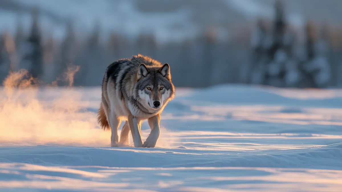 A lone wolf walking through snow