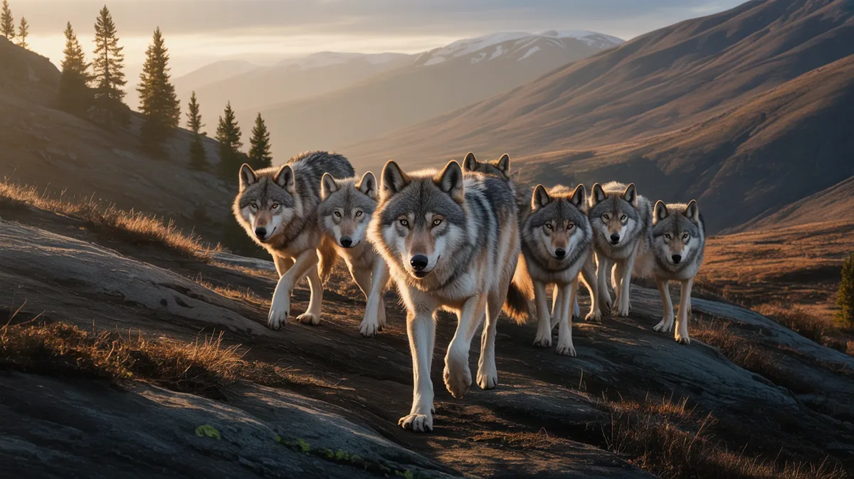 A wolf pack crossing a valley