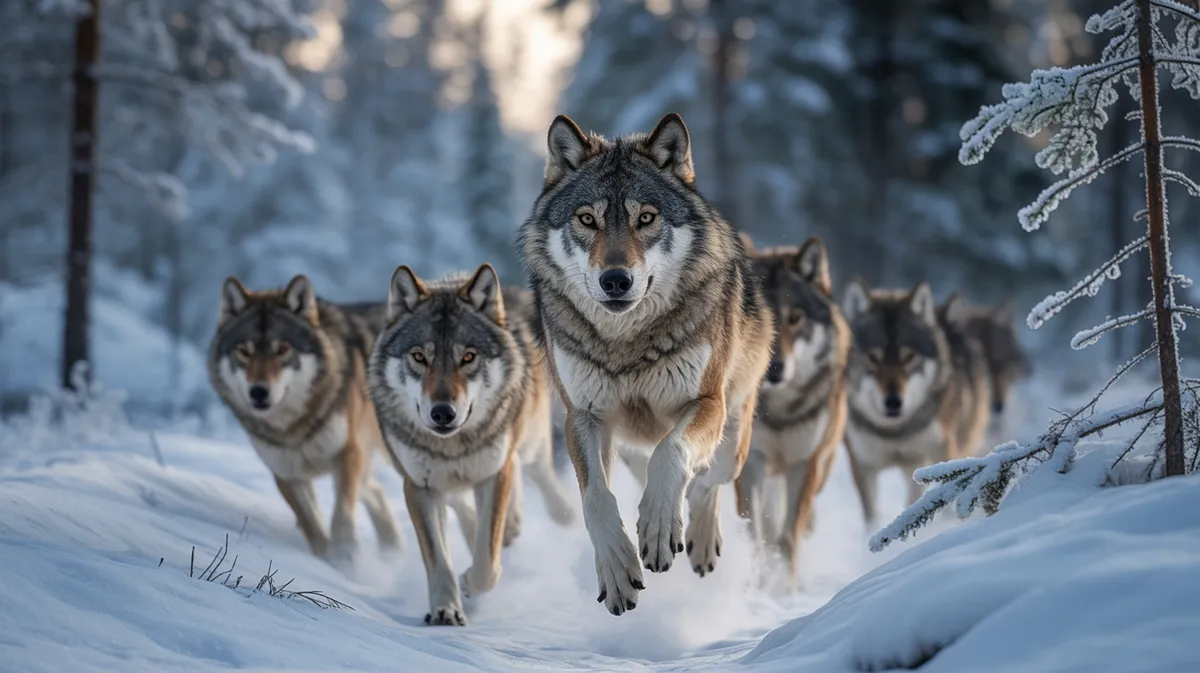 Wolves running through snow