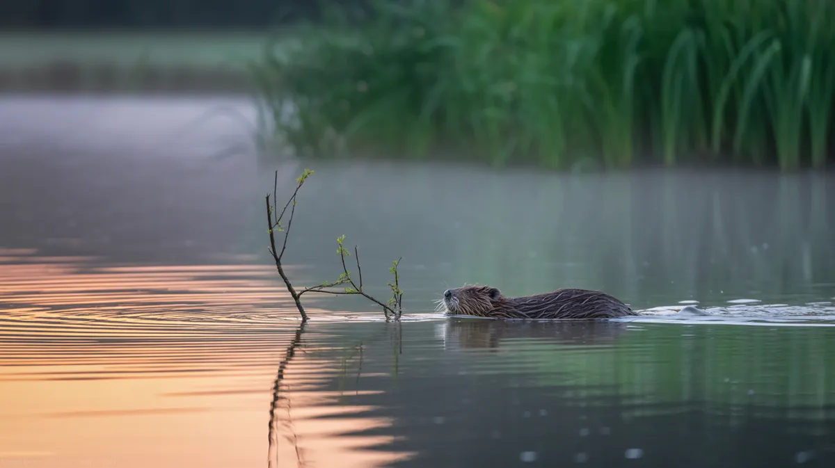 A beaver swimming with a branch at dawn