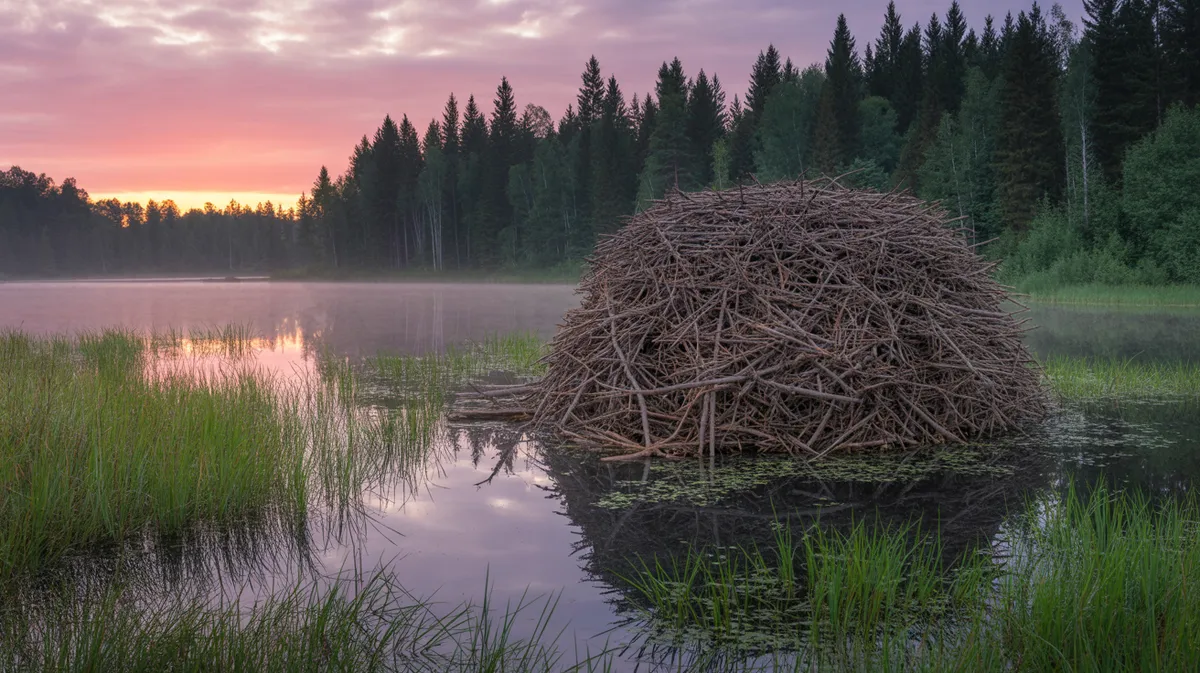 A beaver lodge on a pond at sunrise