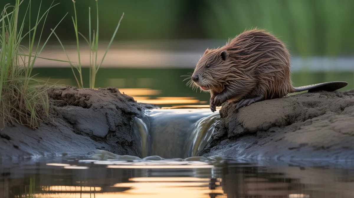 A beaver on its dam at dusk