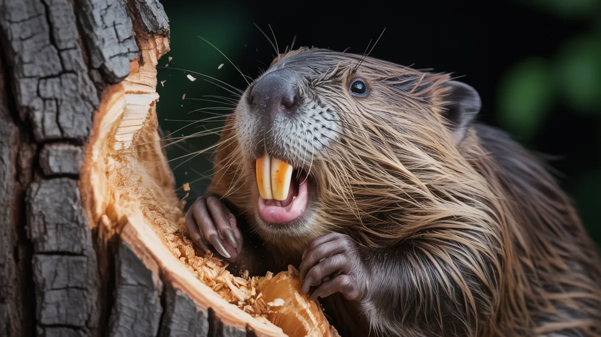A beaver gnawing a tree at night