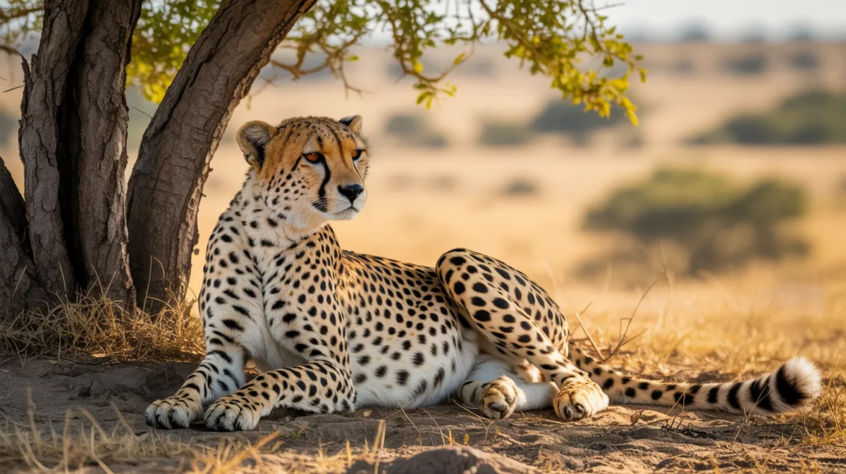 A cheetah resting in shade, panting