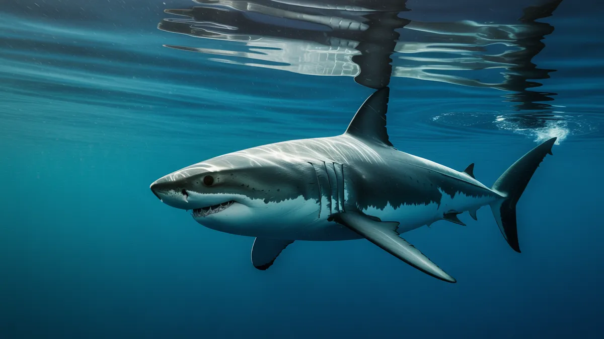 A great white shark silhouetted from below