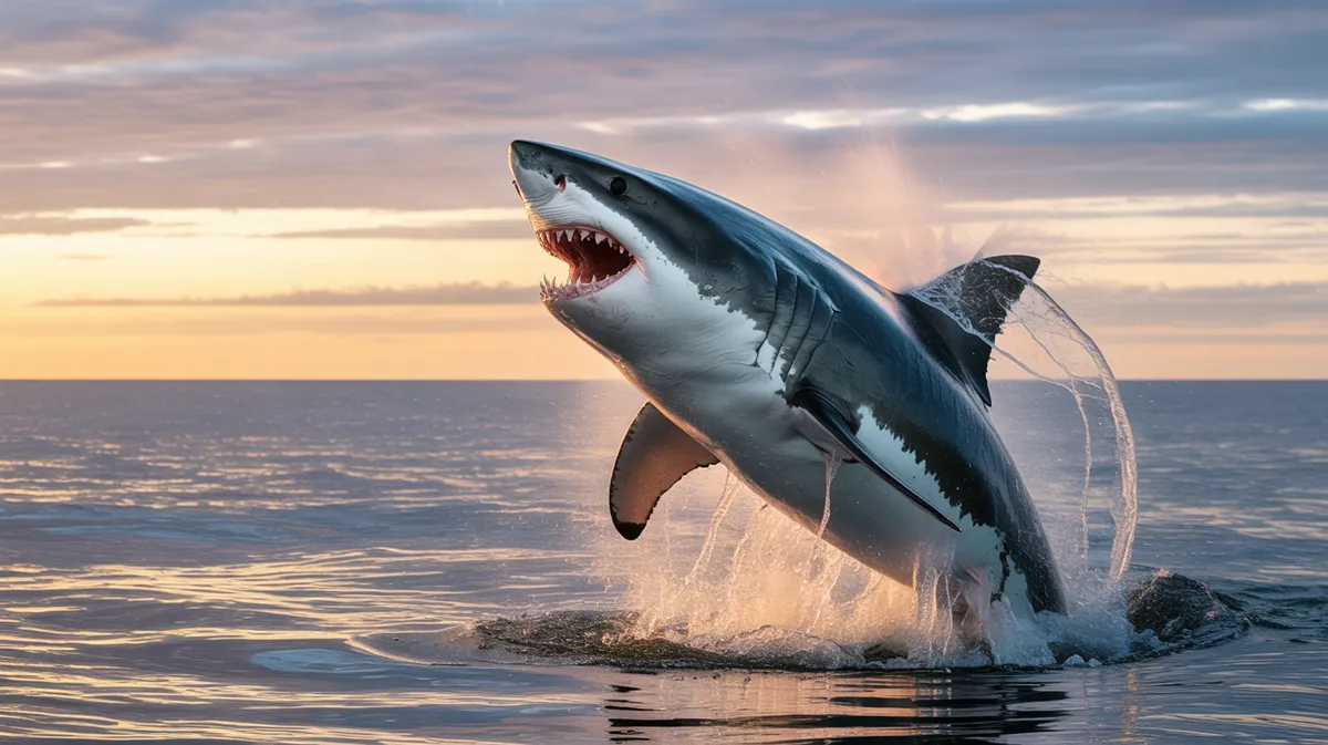 A great white shark breaching at sunrise