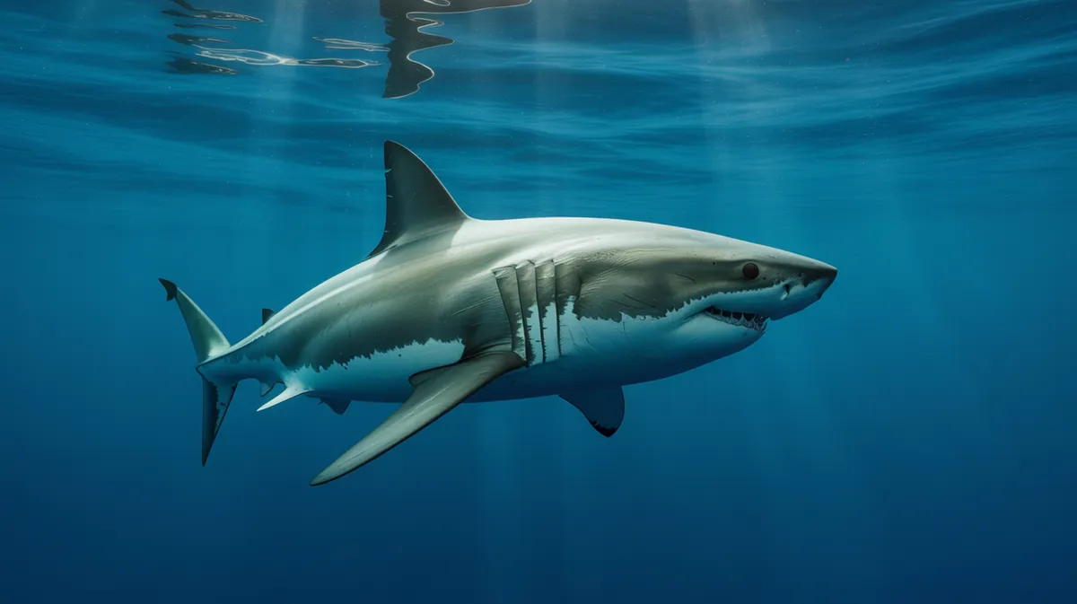 A great white shark cruising the open ocean
