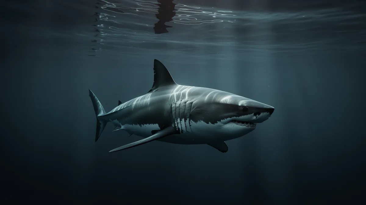 A great white shark in dark water at night