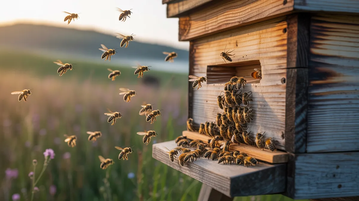 Bees at the hive entrance at sunrise