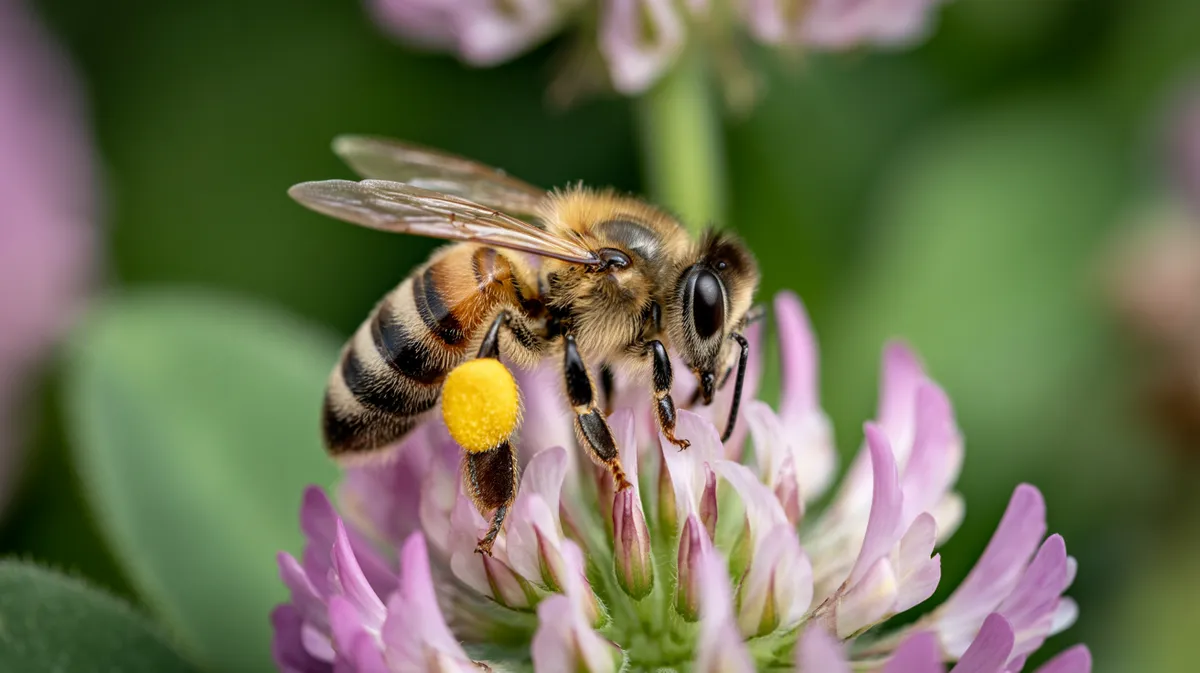A honeybee with full pollen baskets on clover