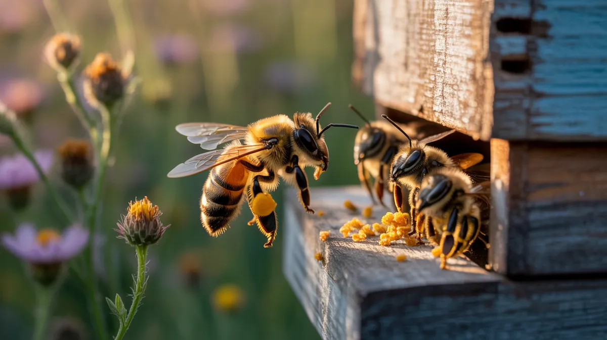A bee returning to the hive at dusk