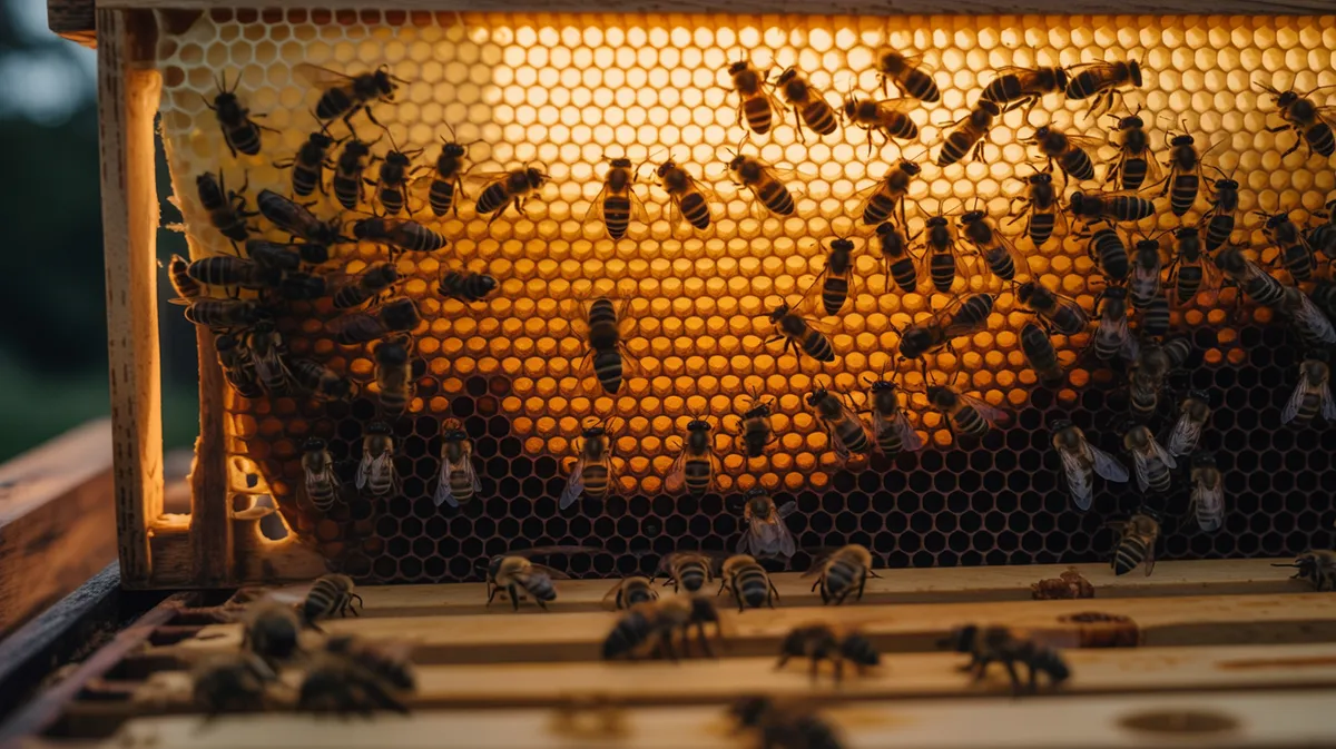 Bees clustered on honeycomb at night