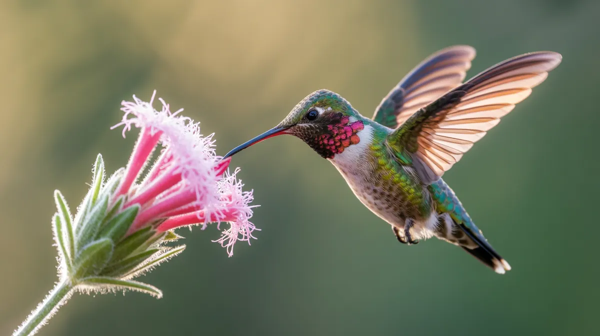 A hummingbird feeding at a flower