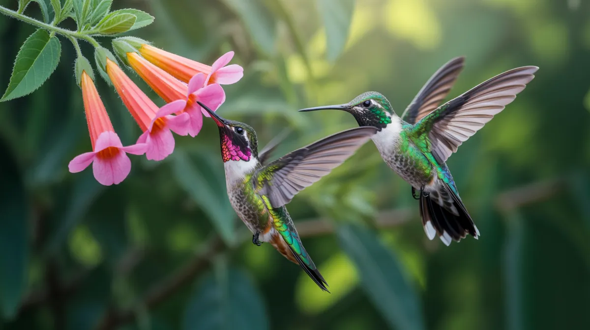 Two hummingbirds fighting in mid-air