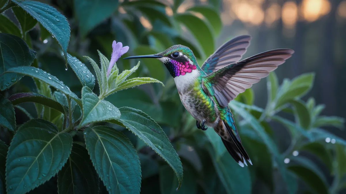 A hummingbird settling on a perch at dusk