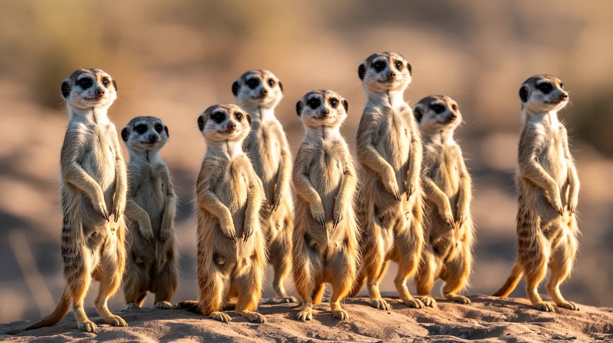 Meerkats sunbathing upright at sunrise